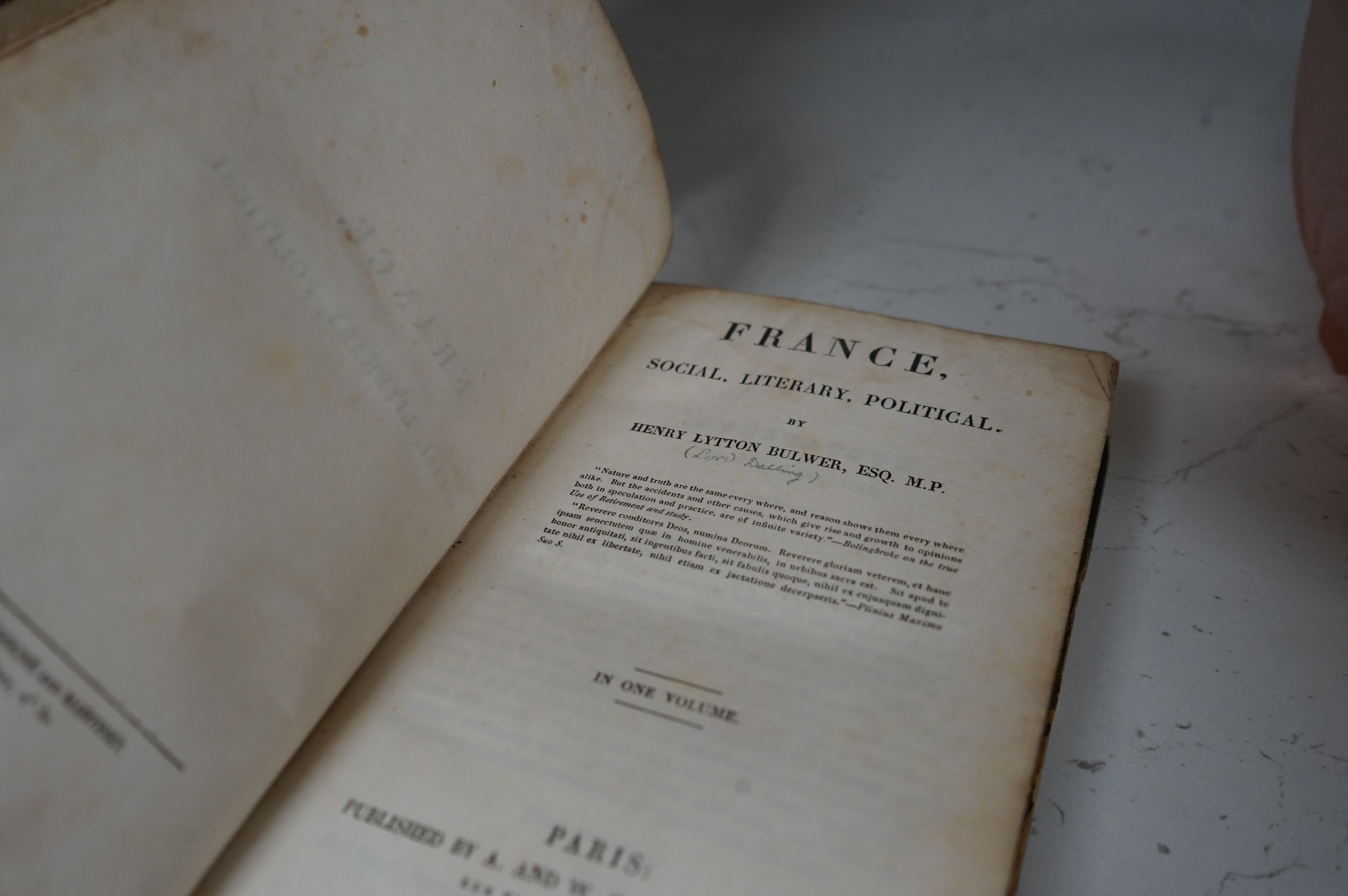 Marshall, William - The Rural Economy of Yorkshire, 2 vol., first edition, 2 engraved folding maps, later quarter morocco, ex-libris ESCC, 8vo, for T. Cadell, 1788; Bulwer, Henry Lytton - France, Social, Literary, Politi